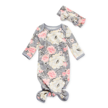 Baby Essentials Knotted Baby Girls Long Sleeve Round Neck Nightgown, Newborn-3 Months , Gray